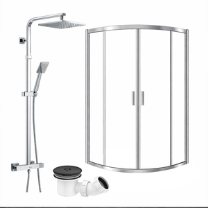 ARKO Square Rainfall Shower System with Handheld Spray & Curved Glass Sliding Shower Enclosure with Waste  - Chrome