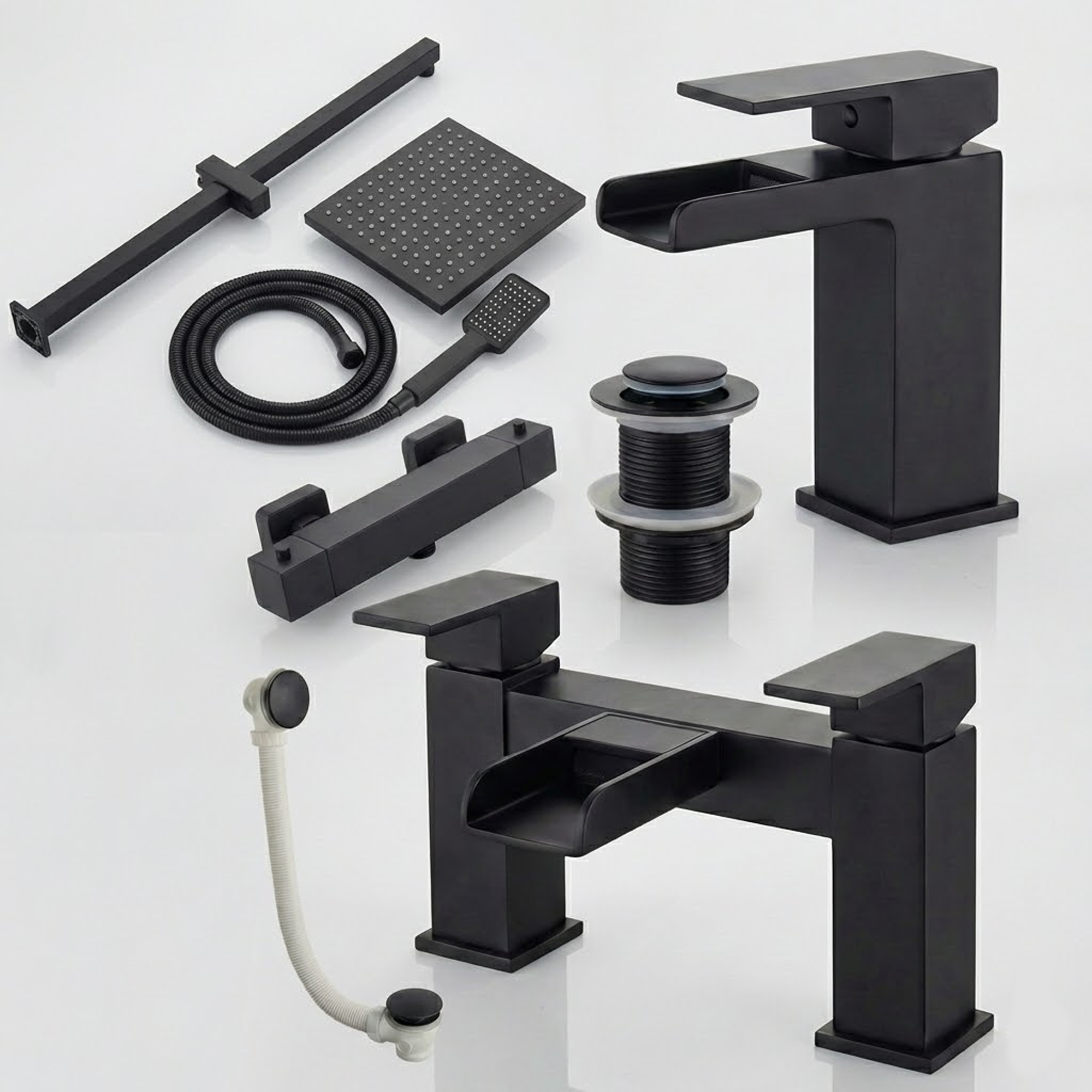ARKO Waterfall Basin Mixer Tap, Bath Filler & Thermostatic Mixer Shower Set with Bath Waste – Black