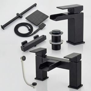 ARKO Waterfall Basin Mixer Tap, Bath Filler & Thermostatic Mixer Shower Set with Bath Waste – Black