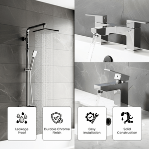 ARKO Verda Basin Mixer Tap, Bath Filler & Thermostatic Mixer Shower Set with Bath Waste – Chrome
