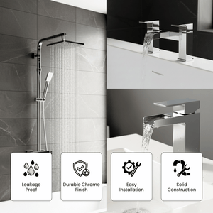 ARKO Waterfall Basin Mixer Tap, Bath Filler & Thermostatic Mixer Shower Set with Bath Waste – Chrome