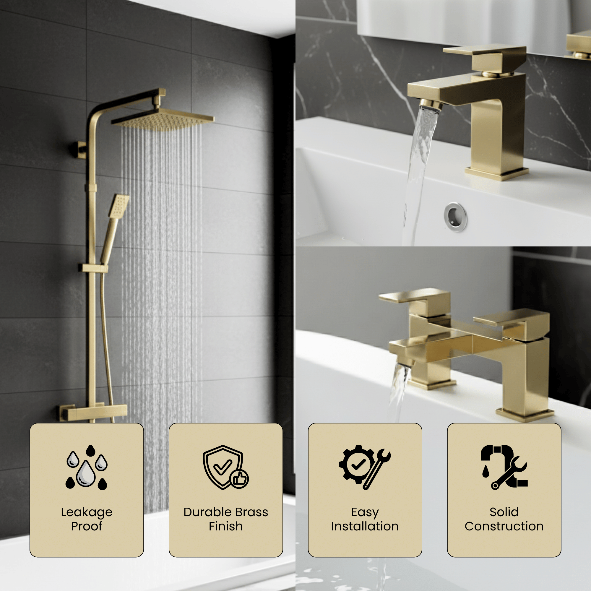 ARKO Verda Basin Mixer Tap, Bath Filler & Thermostatic Mixer Shower Set with Bath Waste – Brass
