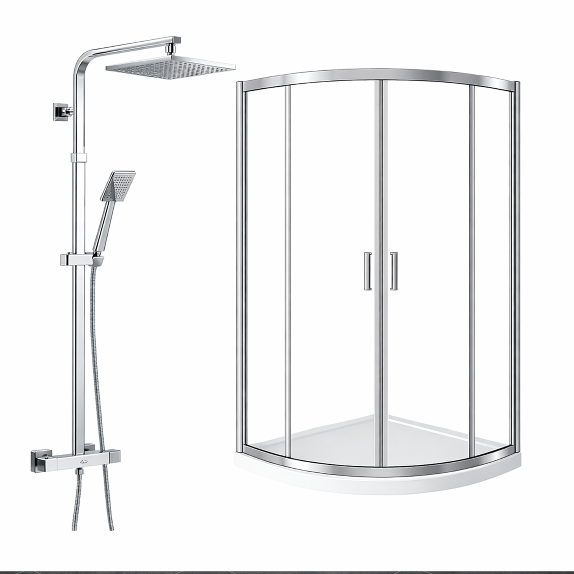 ARKO Square Rainfall Shower System with Handheld Spray & Curved Glass Sliding Shower Enclosure with Tray  - Chrome