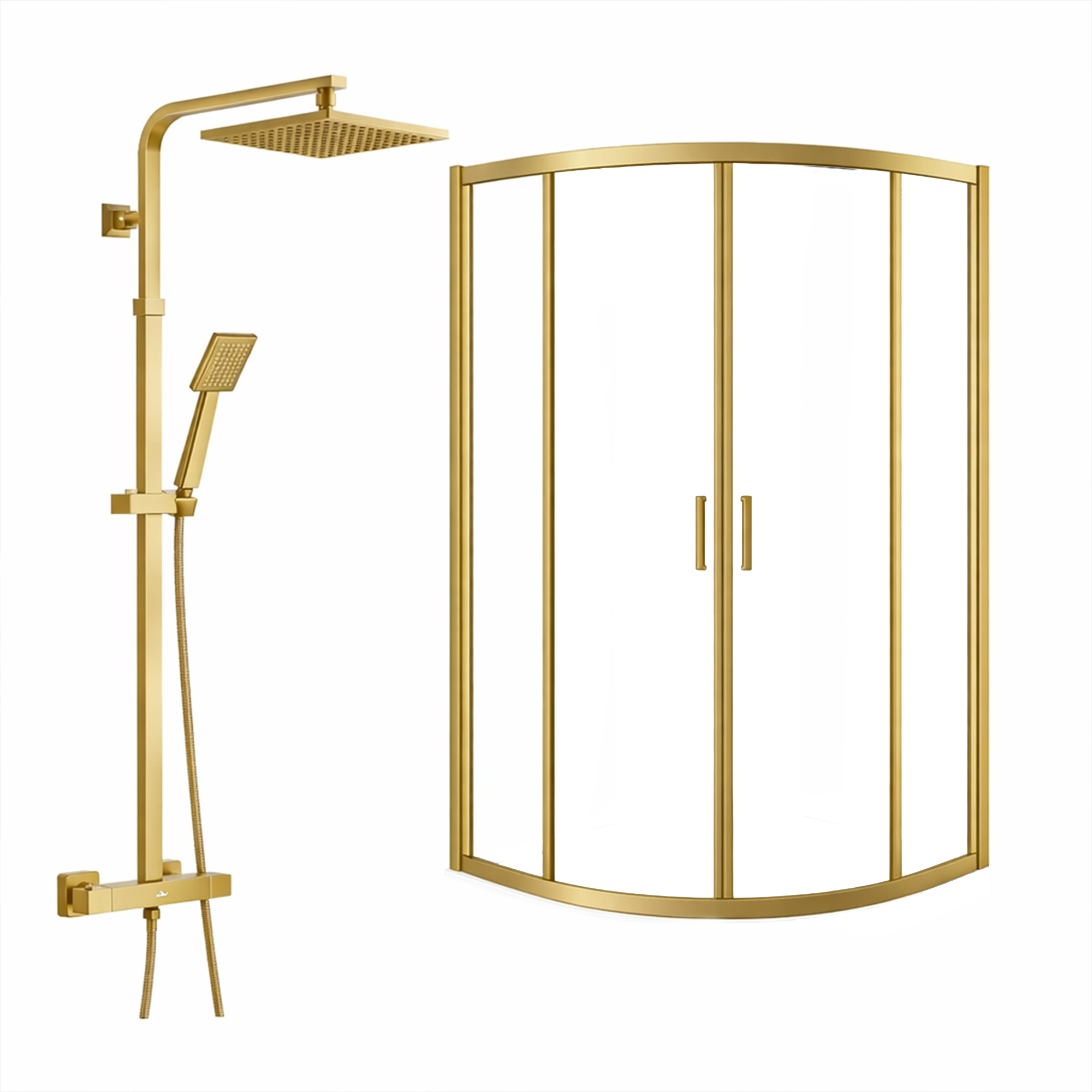 ARKO Square Rainfall Shower System with Handheld Spray & Curved Glass Sliding Shower Enclosure - Brass
