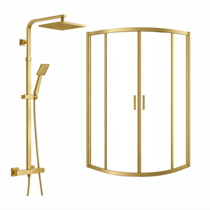 ARKO Square Rainfall Shower System with Handheld Spray & Curved Glass Sliding Shower Enclosure - Brass