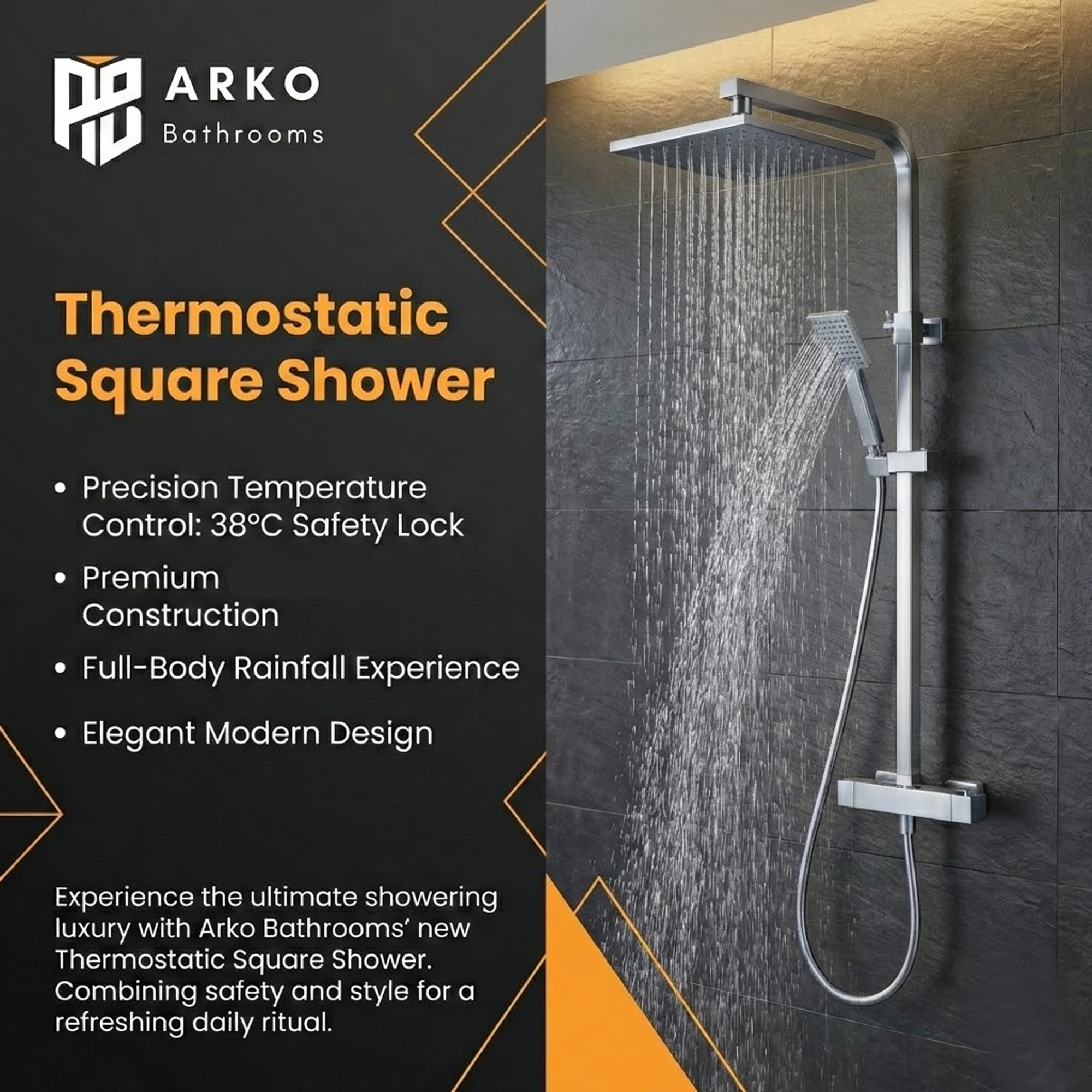 Arko Modern Square Thermostatic Shower – Chrome