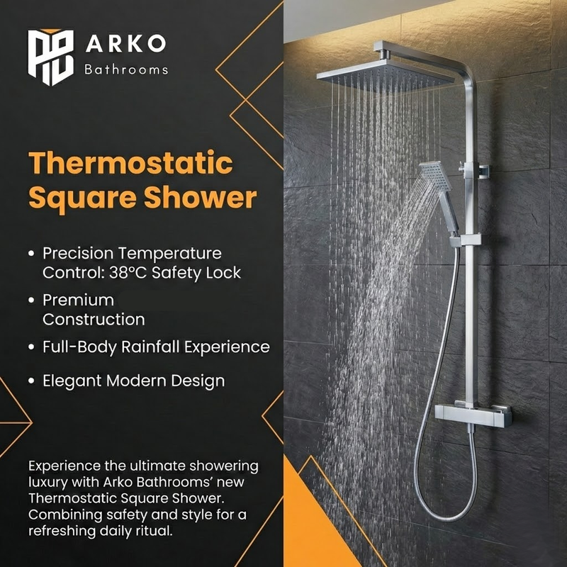 Arko Modern Square Thermostatic Shower – Chrome