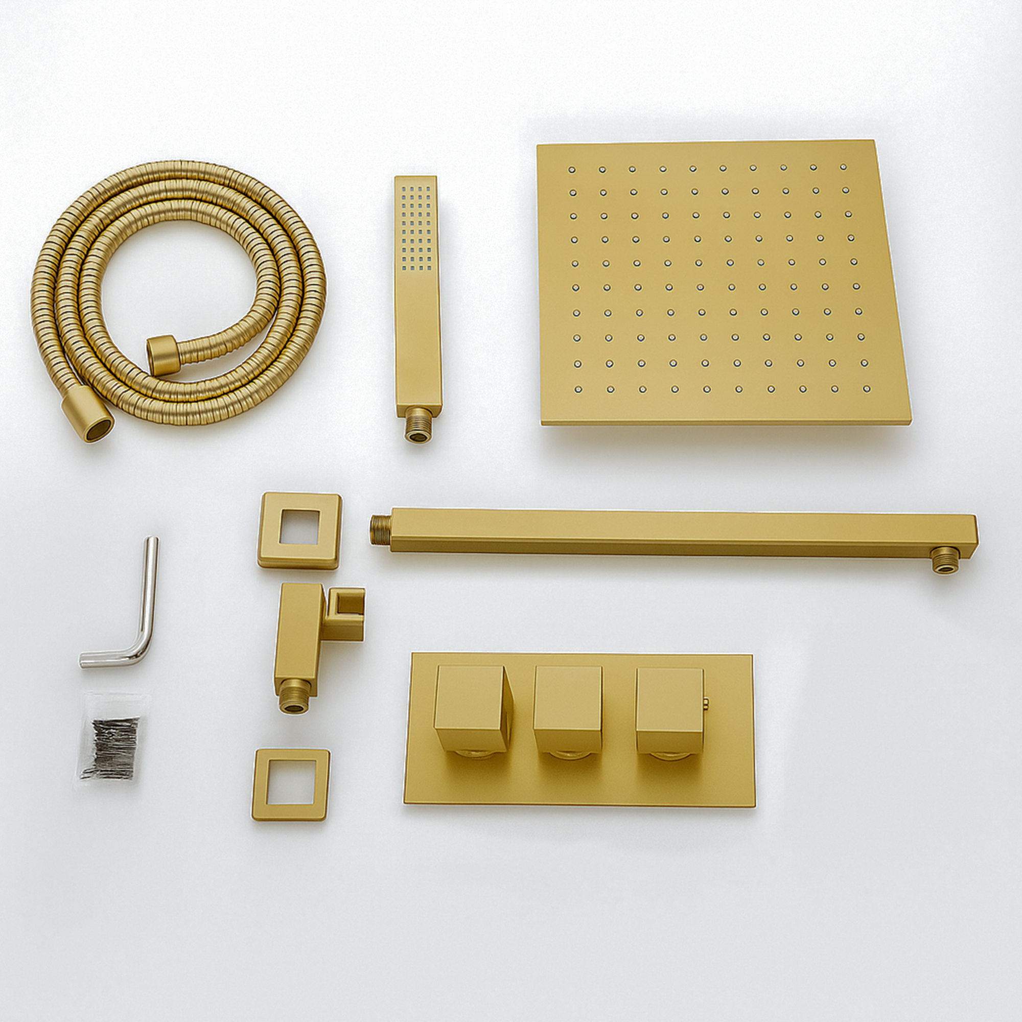 ARKO Square Concealed Thermostatic Shower Mixer 2 Dial Twin Head with Valve, Handset & Shower Waste – Brass