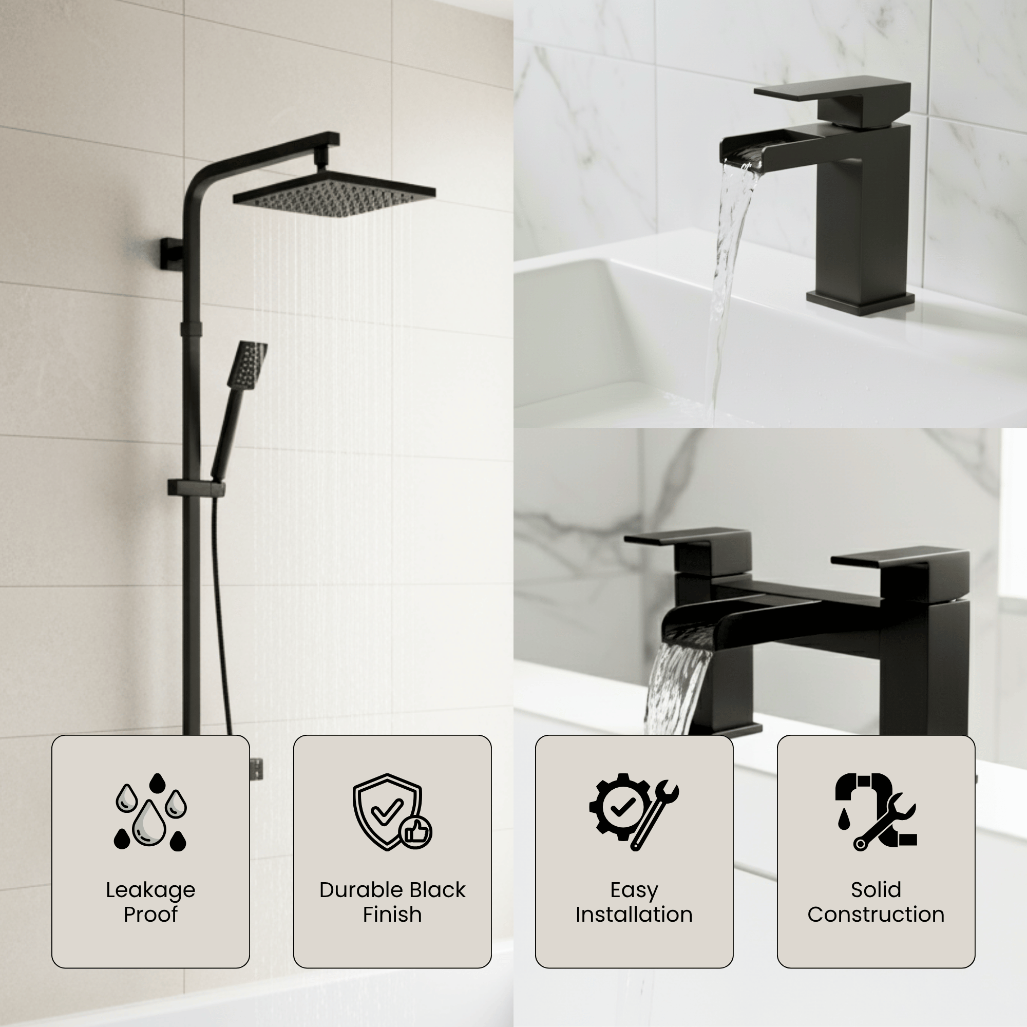 ARKO Waterfall Basin Mixer Tap, Bath Filler & Thermostatic Mixer Shower Set with Bath Waste – Black