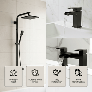 ARKO Waterfall Basin Mixer Tap, Bath Filler & Thermostatic Mixer Shower Set with Bath Waste – Black