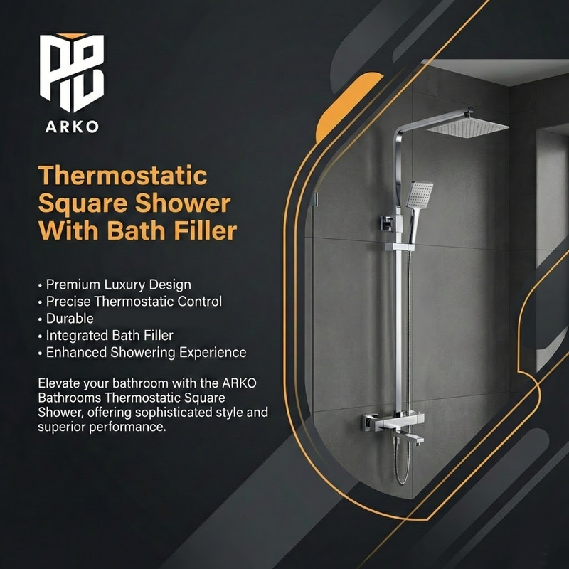 Arko Modern Square Thermostatic Shower  with Filler – Chrome