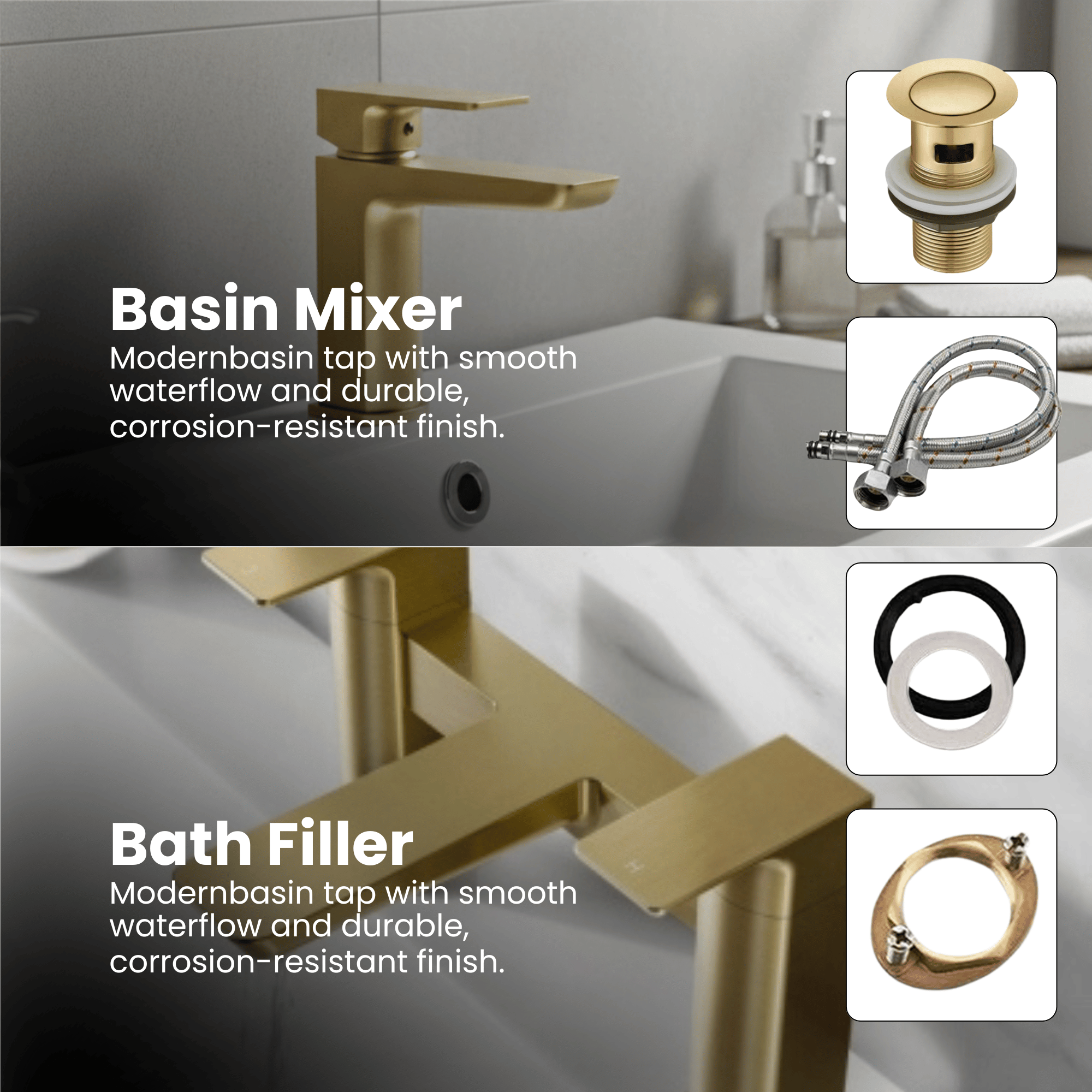 ARKO Bath and Basin Tap Set Waterfall Mixer Taps with Pop-Up Waste – Brass