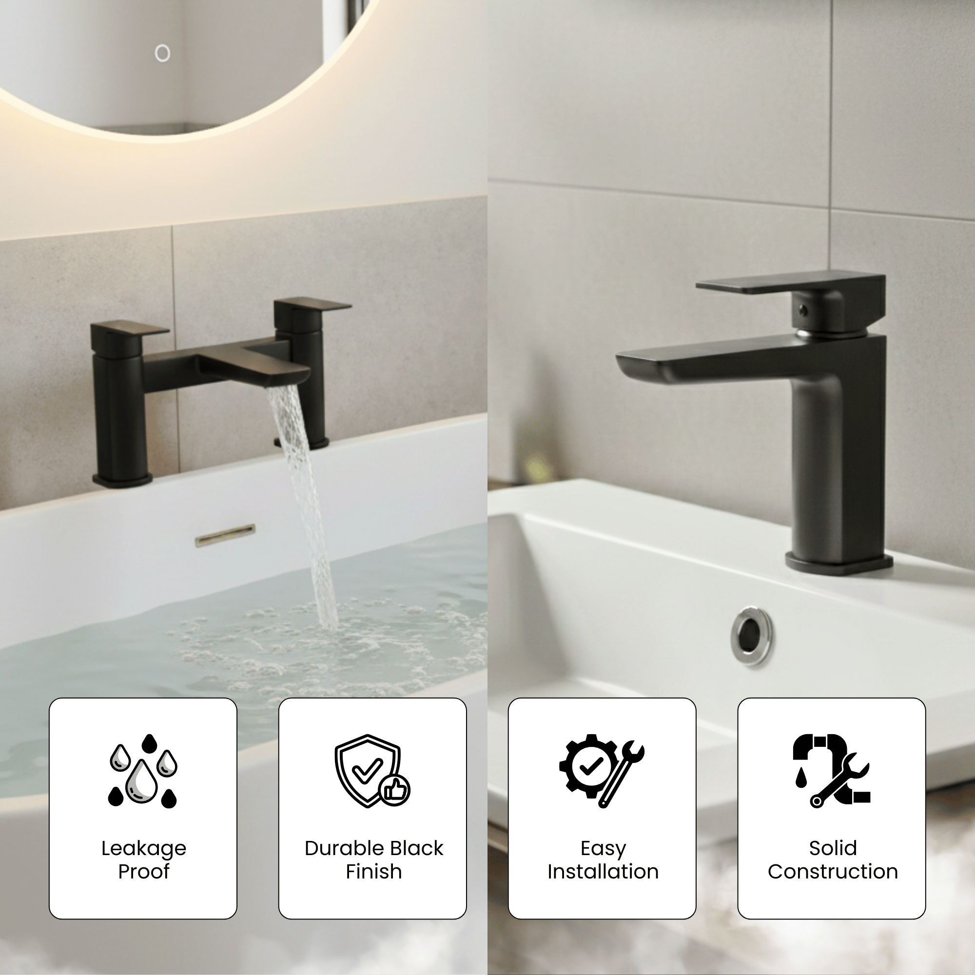 ARKO Bath and Basin Tap Set Waterfall Mixer Taps with Pop-Up Waste – Black