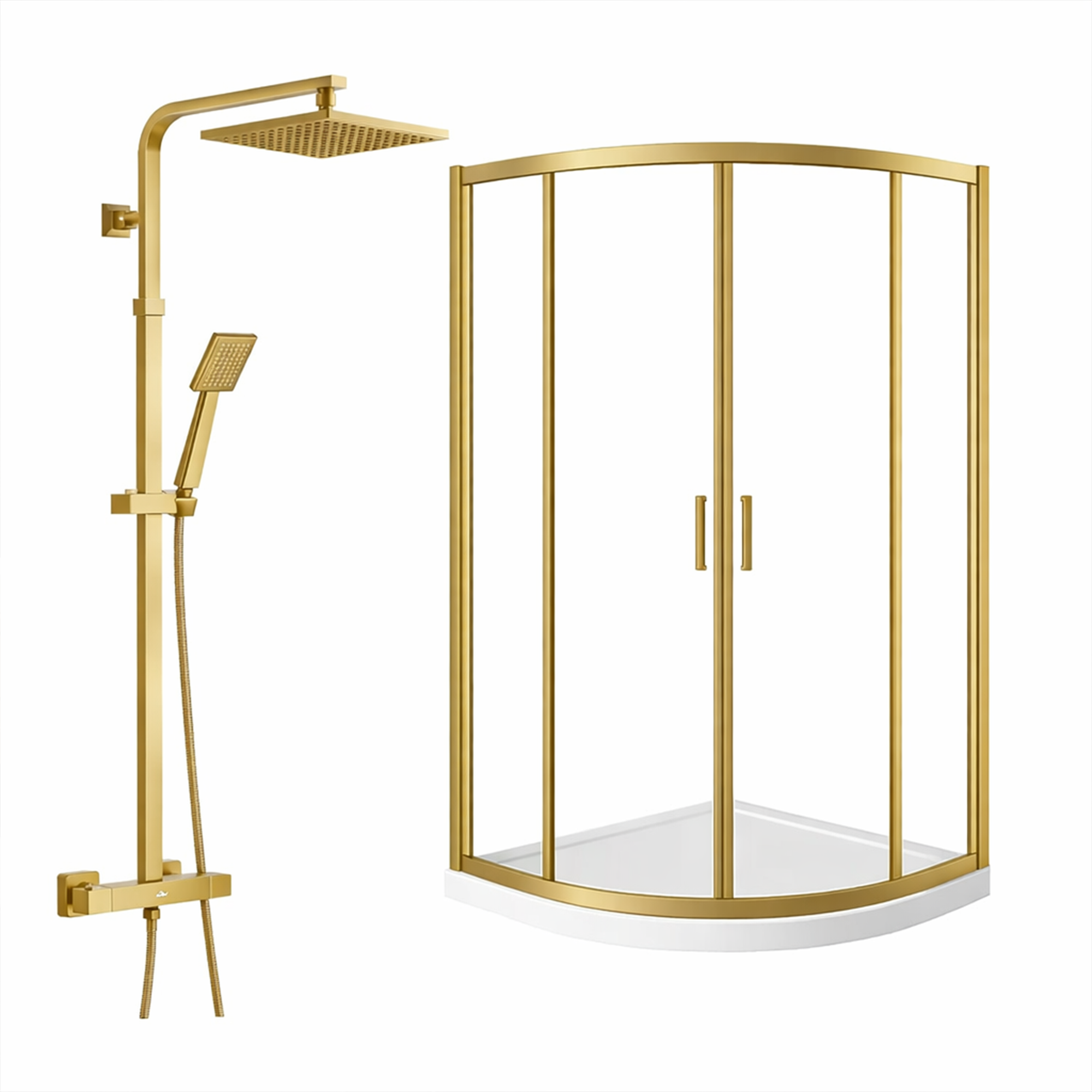 ARKO Square Rainfall Shower System with Handheld Spray & Curved Glass Sliding Shower Enclosure with Tray - Brass