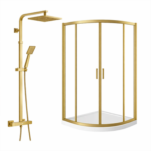 ARKO Square Rainfall Shower System with Handheld Spray & Curved Glass Sliding Shower Enclosure with Tray - Brass
