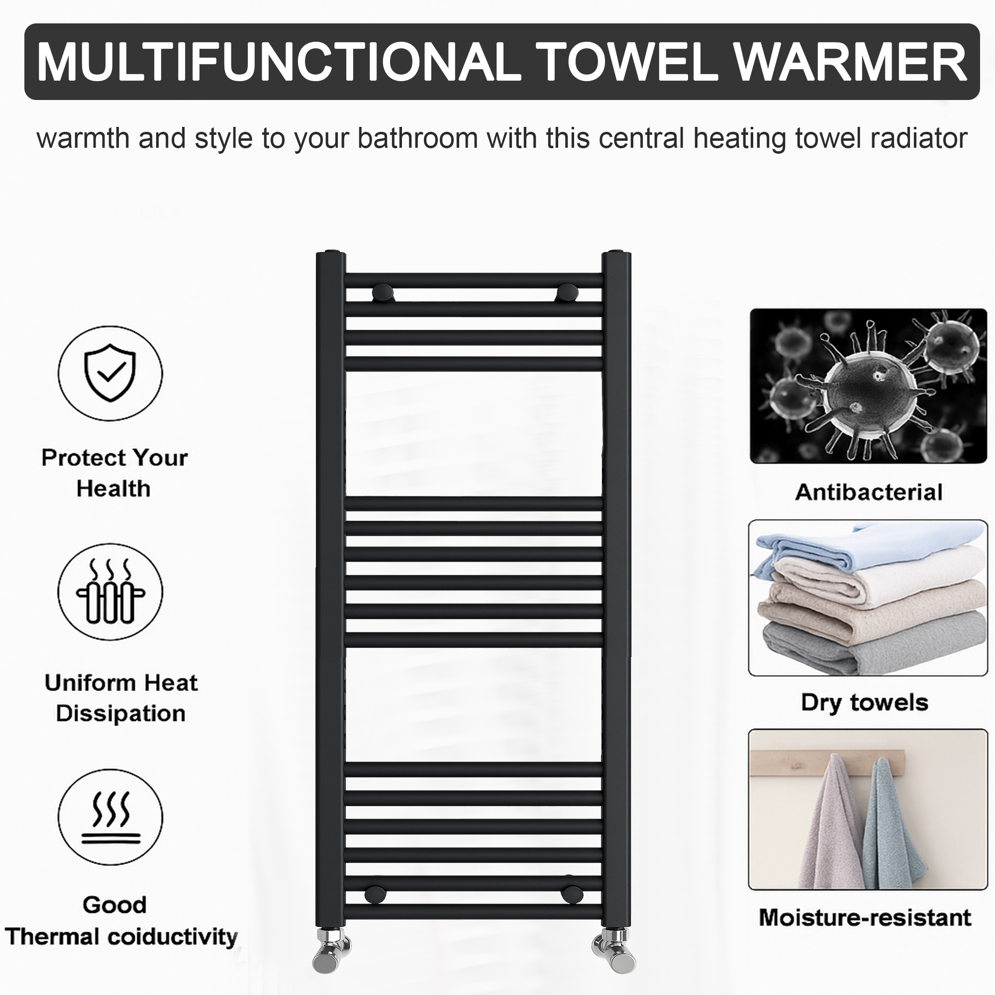ARKO Black Heated Towel Rail 600x1000mm – Wall Mounted Ladder Radiator
