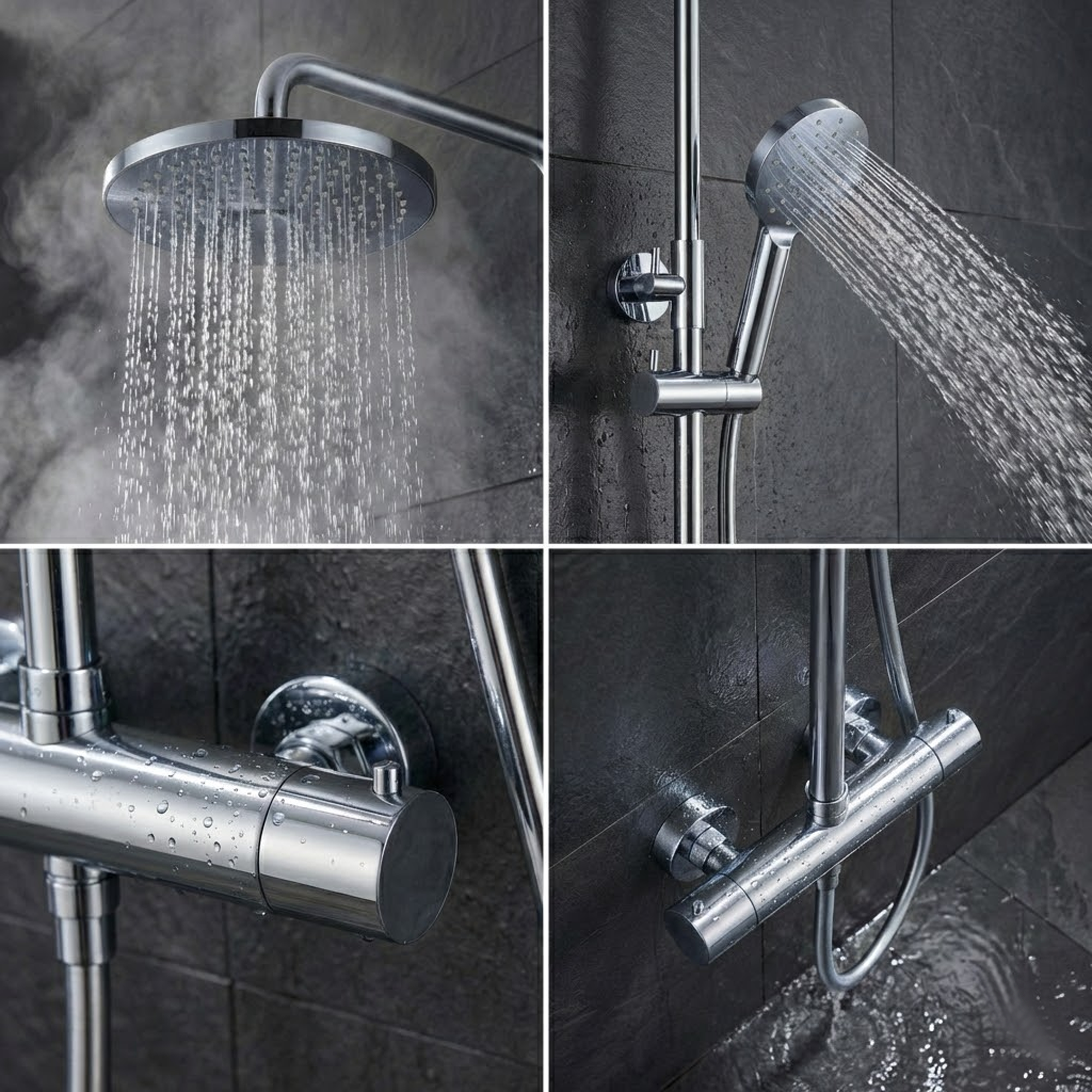 ARKO Bathroom Round Thermostatic Mixer Shower with Riser Rail, Shower Waste & Twin head - Chrome