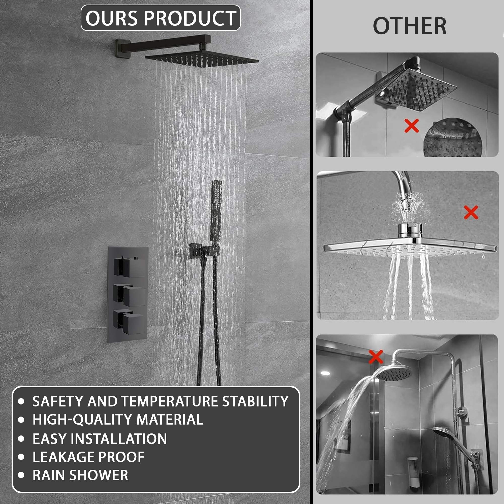 ARKO Square Concealed Thermostatic Shower Mixer 2 Dial Twin Head with Valve, Handset & Shower Waste – Black
