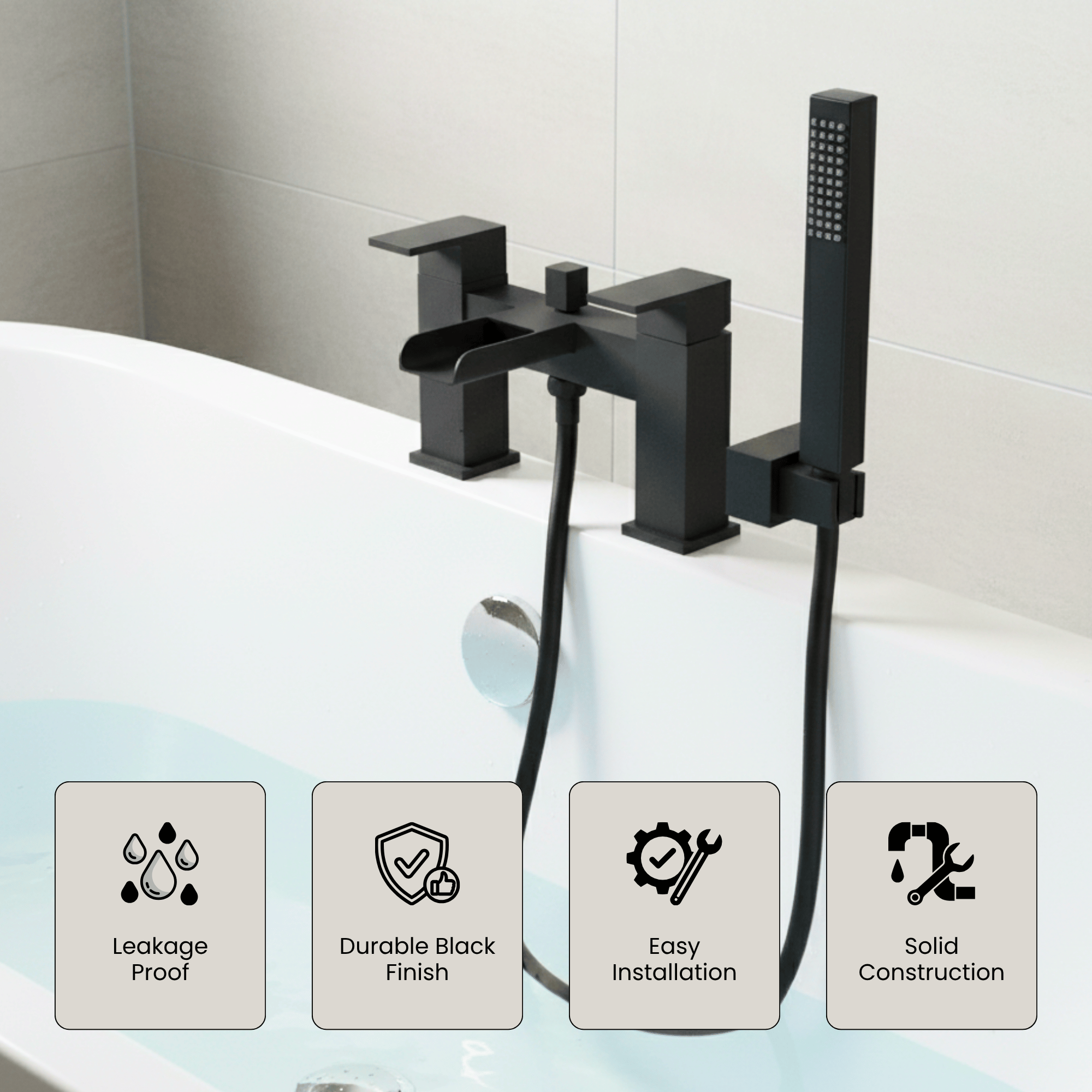 Arko Waterfall Basin Mixer Tap & Bath Shower Set with Bath Waste – Black