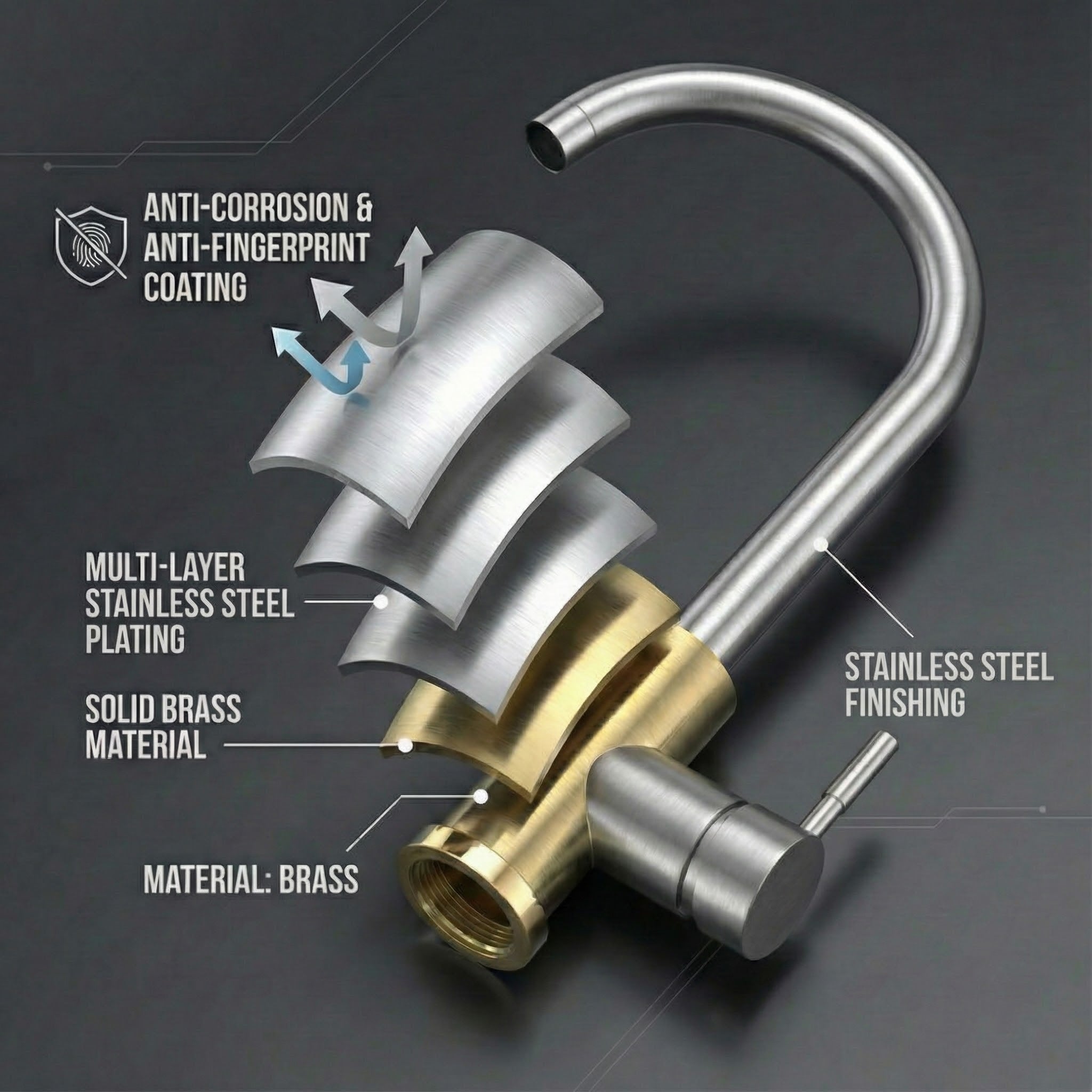 Arko Manhattan Single Lever Kitchen Sink Mixer Tap Swivel Spout - Brushed Stainless Steel