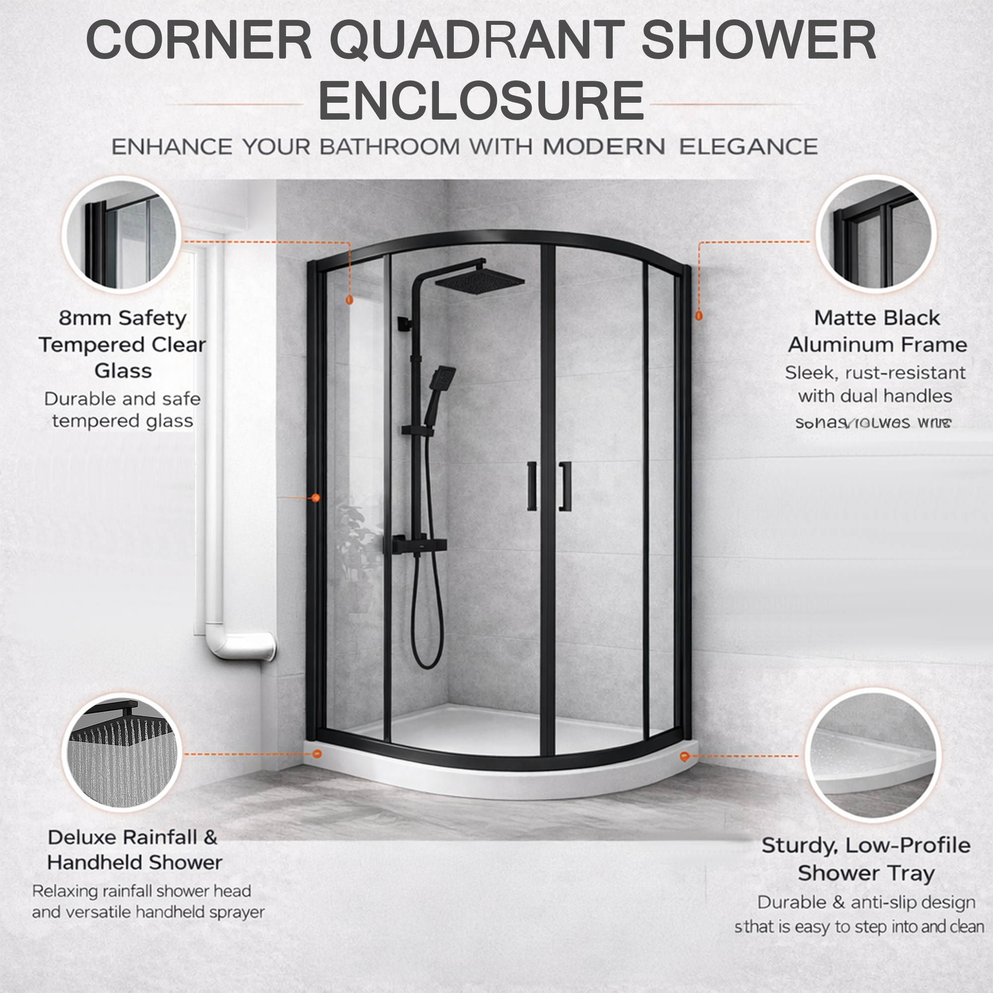 ARKO Square Rainfall Shower System with Handheld Spray & Curved Glass Sliding Shower Enclosure with Tray & Waste - Black
