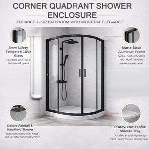 ARKO Square Rainfall Shower System with Handheld Spray & Curved Glass Sliding Shower Enclosure with Tray & Waste - Black