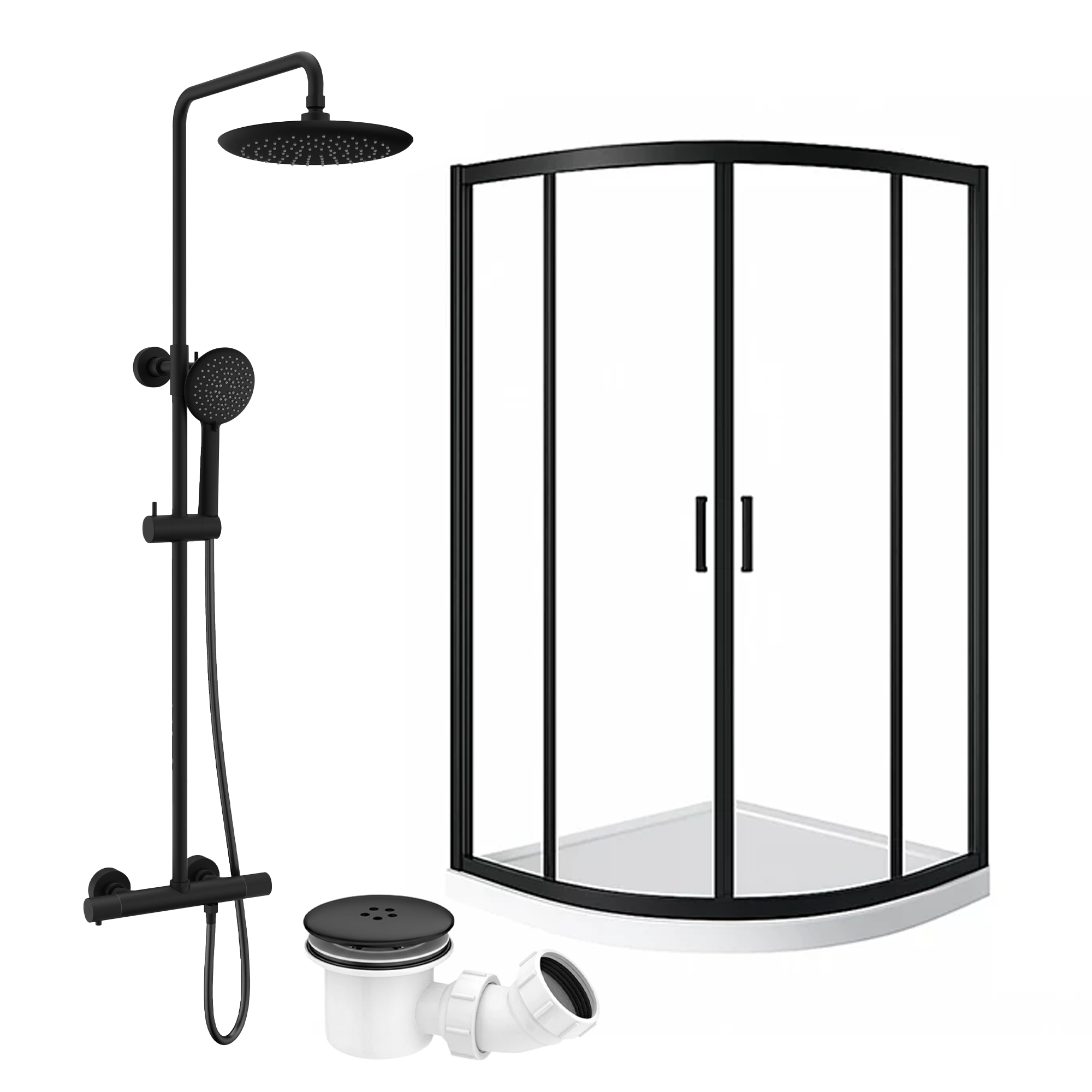 ARKO Round Rainfall Shower System with Handheld Spray & Curved Glass Sliding Shower Enclosure with Tray & Waste - Black