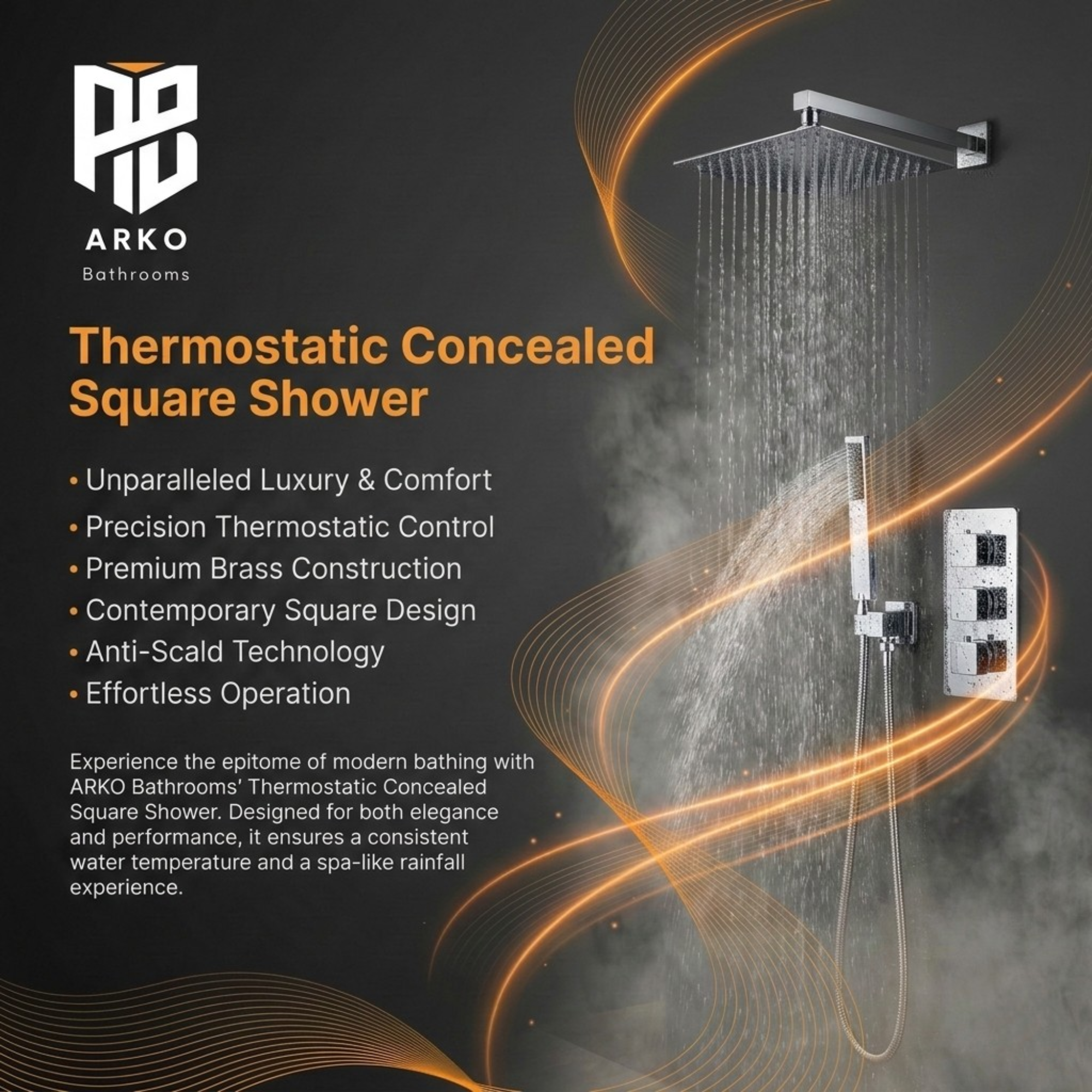 Square Concealed Triple Thermostatic Shower Pack with Head + Handset - Chrome