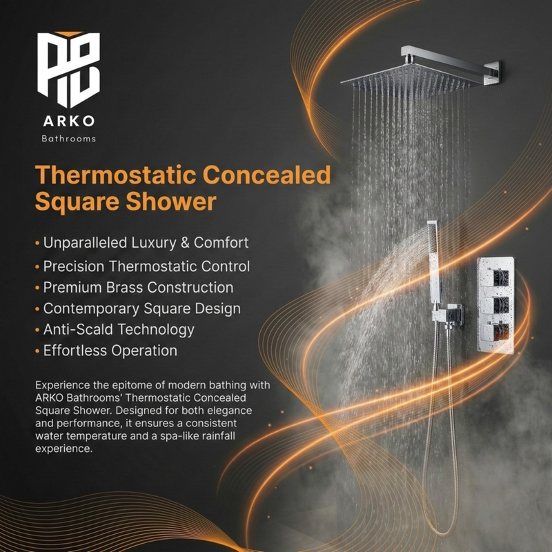 Square Concealed Triple Thermostatic Shower Pack with Head + Handset - Chrome