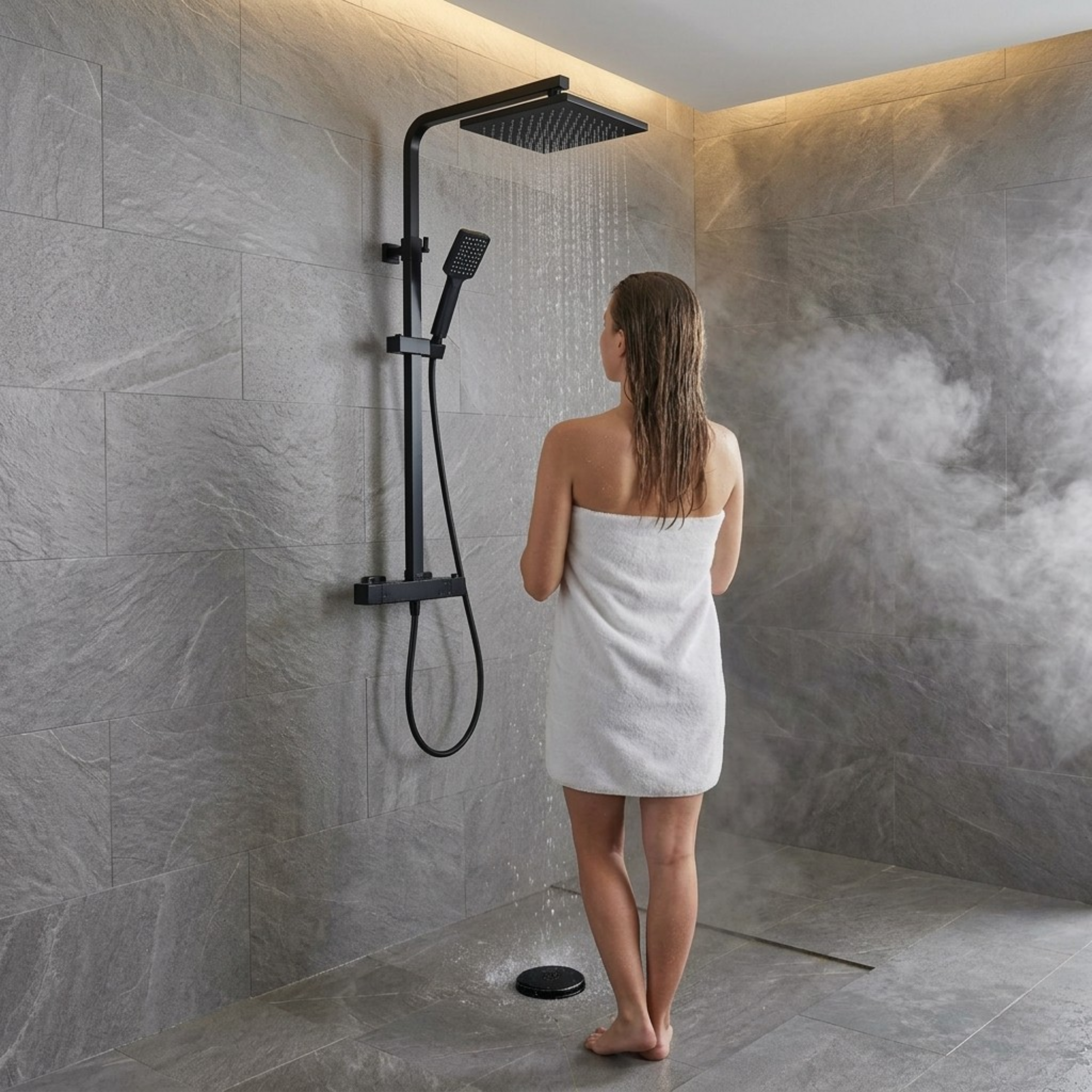 ARKO Bathroom Square Thermostatic Mixer Shower with Riser Rail, Shower Waste & Twin head - Back