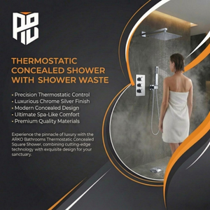 ARKO Square Concealed Thermostatic Shower Mixer 3 Dial Twin Head with Valve, Handset & Shower Waste – Chrome