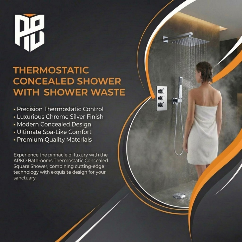 ARKO Square Concealed Thermostatic Shower Mixer 2 Dial Twin Head with Valve, Handset & Shower Waste – Chrome