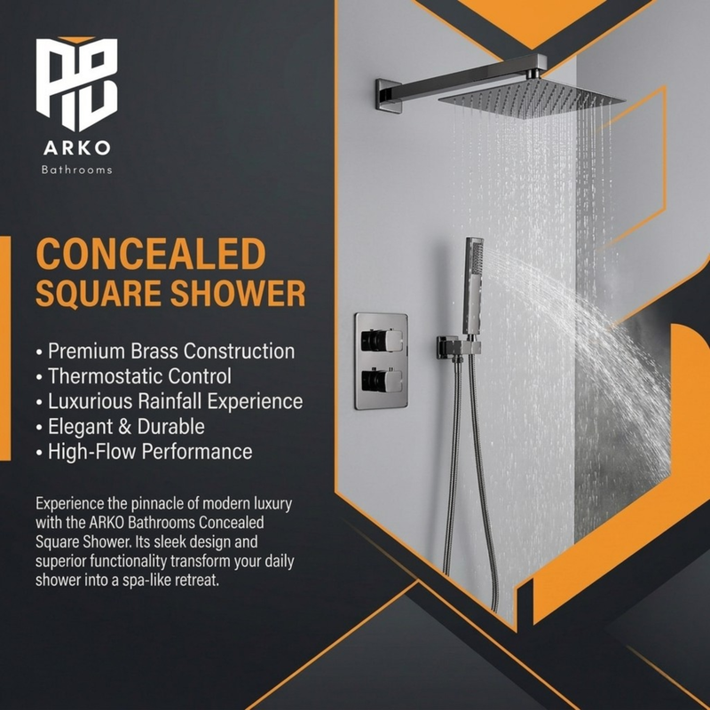 ARKO 2-Way Square Concealed Thermostatic Mixer Shower Dual Dial, Twin Head – Gunmetal