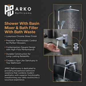 ARKO Verda Basin Mixer Tap, Bath Filler & Thermostatic Mixer Shower Set with Bath Waste – Chrome