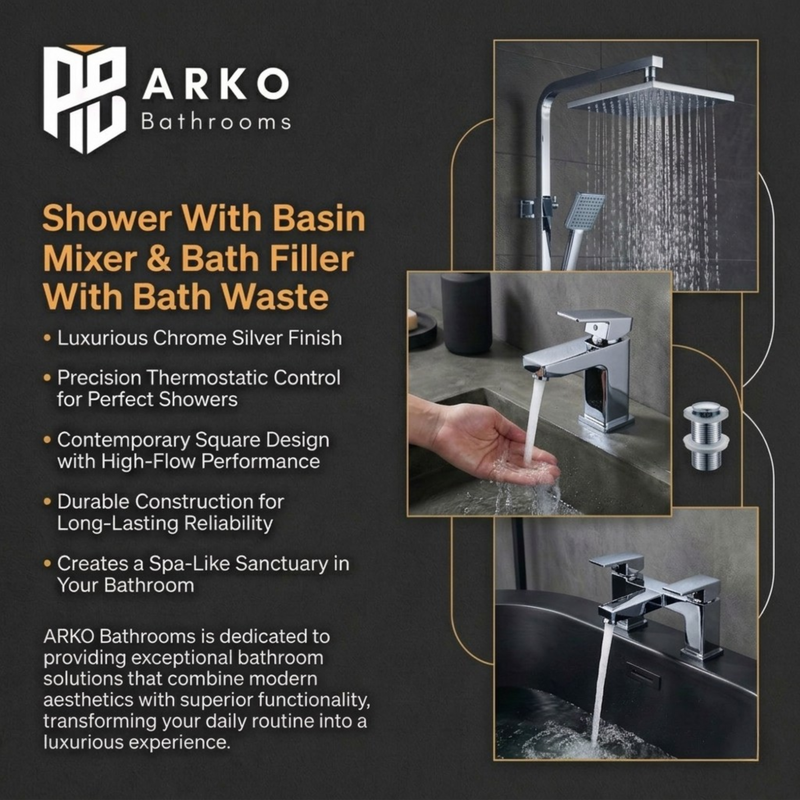 ARKO Verda Basin Mixer Tap, Bath Filler & Thermostatic Mixer Shower Set with Bath Waste – Chrome