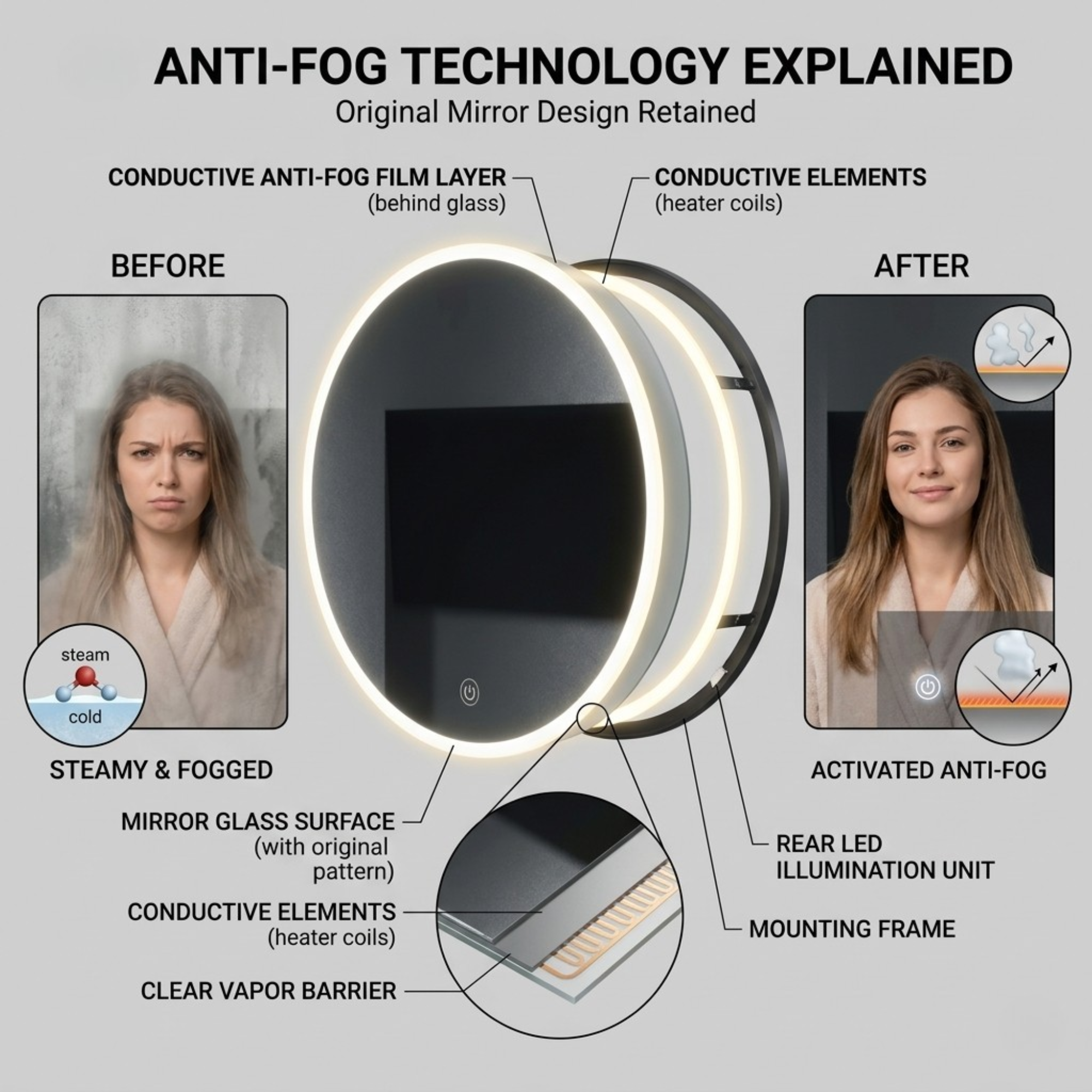 Arko Bathroom Mirror with LED Lights 600x600mm - Wall Mounted Vanity Large Round Mirror - Illuminated LED mirror