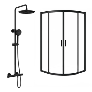 ARKO Round Rainfall Shower System with Handheld Spray & Curved Glass Sliding Shower Enclosure - Matte Black