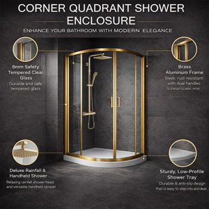 ARKO Square Rainfall Shower System with Handheld Spray & Curved Glass Sliding Shower Enclosure with Waste - Brass
