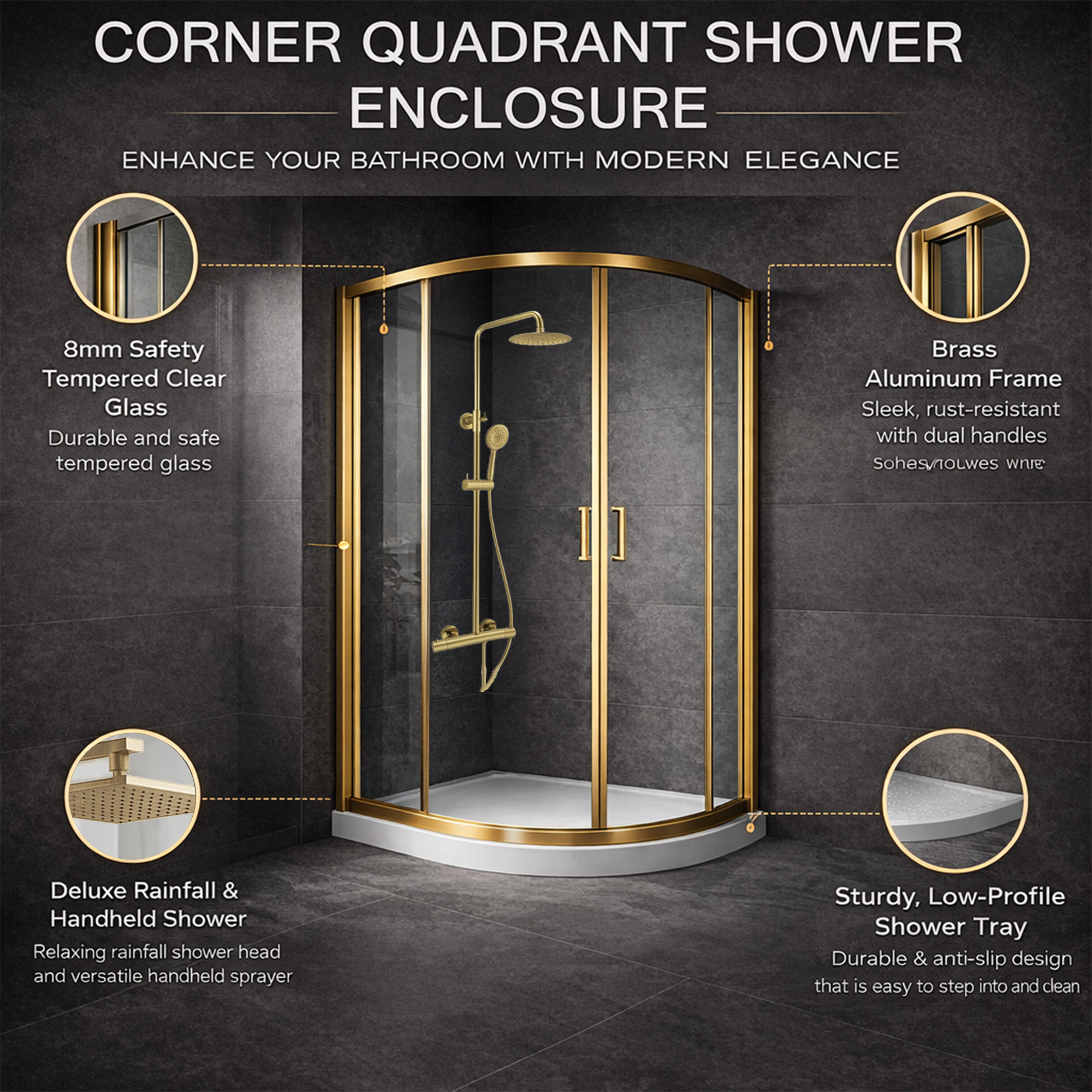 ARKO Round Rainfall Shower System with Handheld Spray & Curved Glass Sliding Shower Enclosure with Tray & Waste - Brass