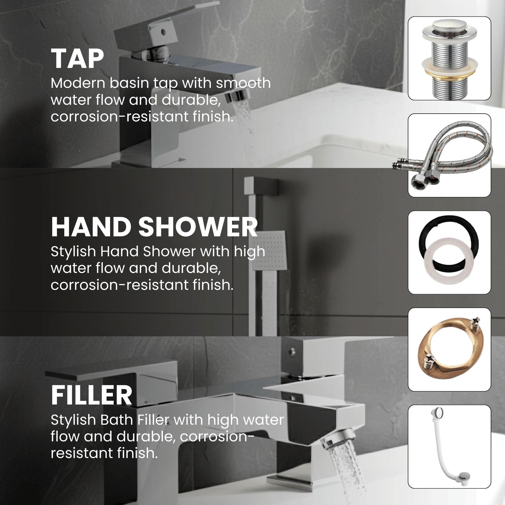 ARKO Verda Basin Mixer Tap, Bath Filler & Handheld Shower Set with Bath Waste – Chrome