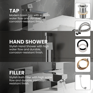 ARKO Verda Basin Mixer Tap, Bath Filler & Handheld Shower Set with Bath Waste – Chrome