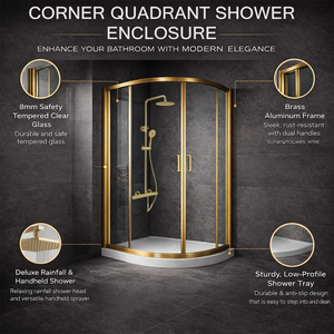 ARKO Round Rainfall Shower System with Handheld Spray & Curved Glass Sliding Shower Enclosure - Brass