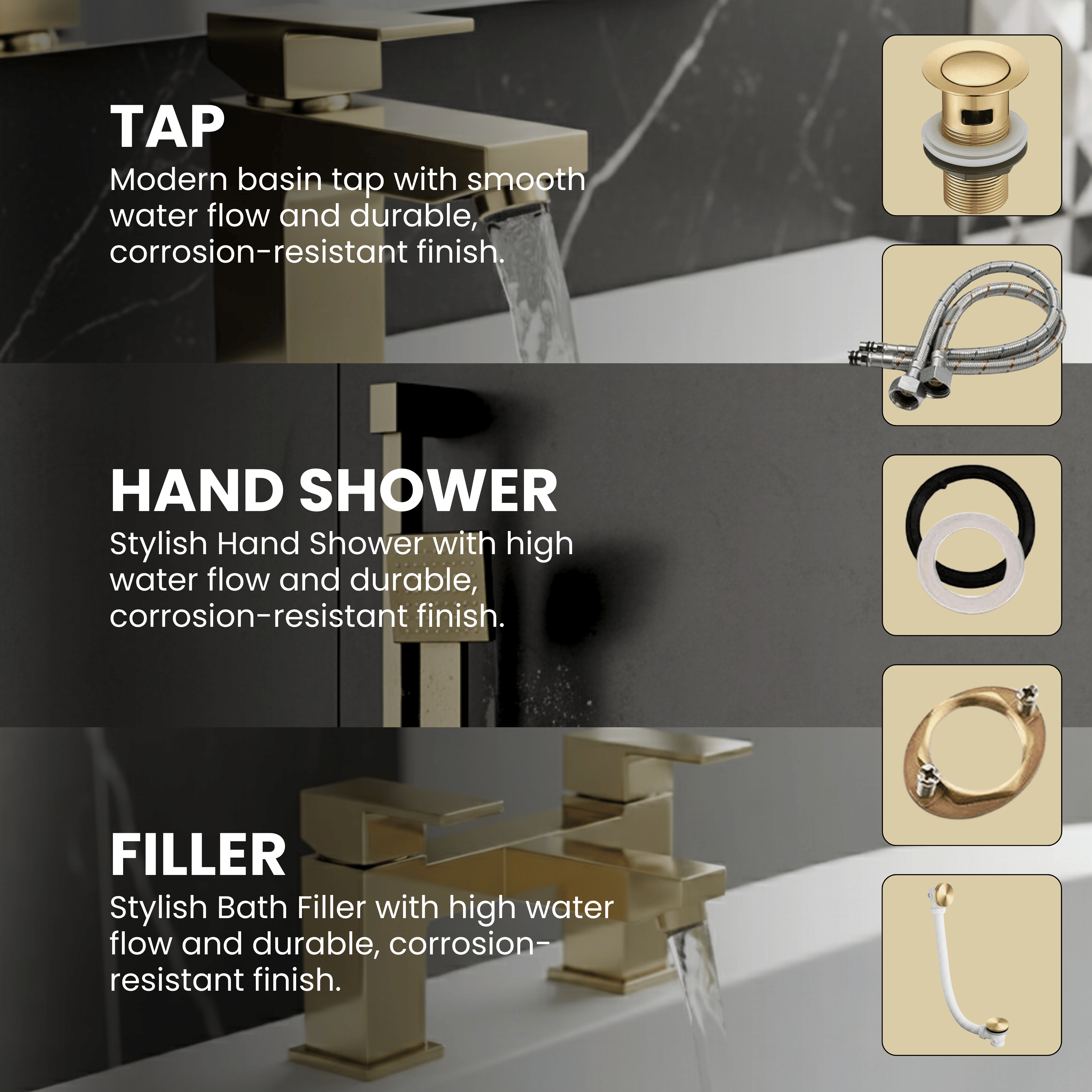 ARKO Verda Basin Mixer Tap, Bath Filler & Handheld Shower Set with Bath Waste – Brass
