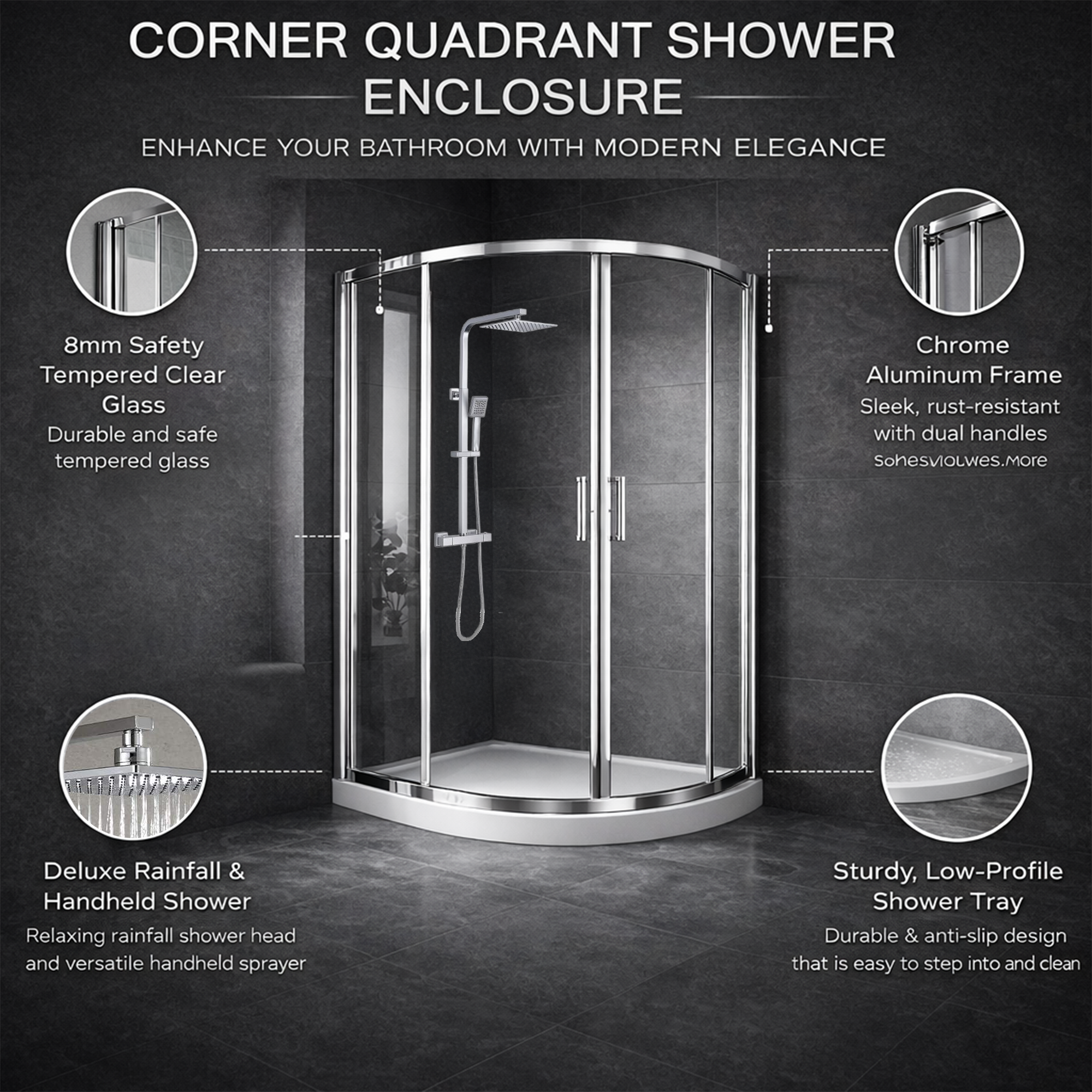 ARKO Square Rainfall Shower System with Handheld Spray & Curved Glass Sliding Shower Enclosure with Tray & Waste - Chrome