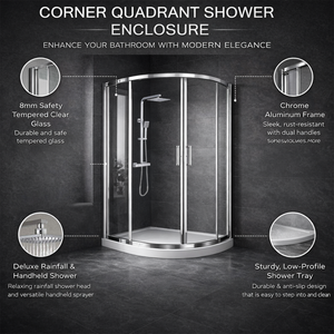 ARKO Square Rainfall Shower System with Handheld Spray & Curved Glass Sliding Shower Enclosure with Waste  - Chrome