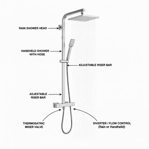 ARKO Waterfall Basin Mixer Tap, Bath Filler & Thermostatic Mixer Shower Set with Bath Waste – Chrome