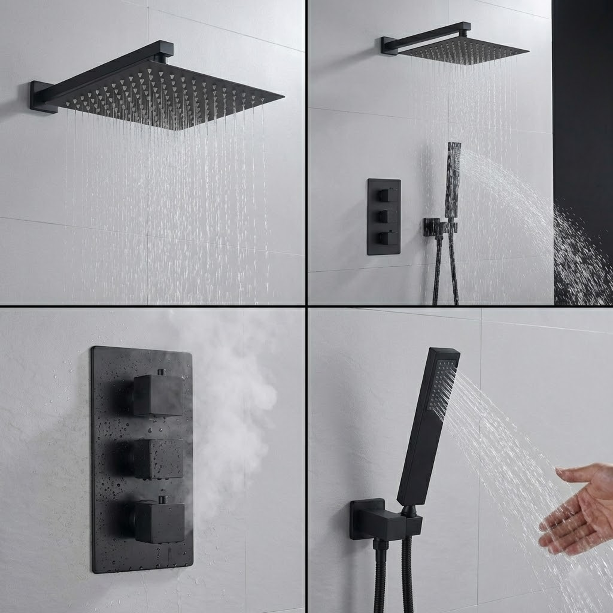 Square Concealed Thermostatic Shower System with Overhead & Handheld Options - Matt Black