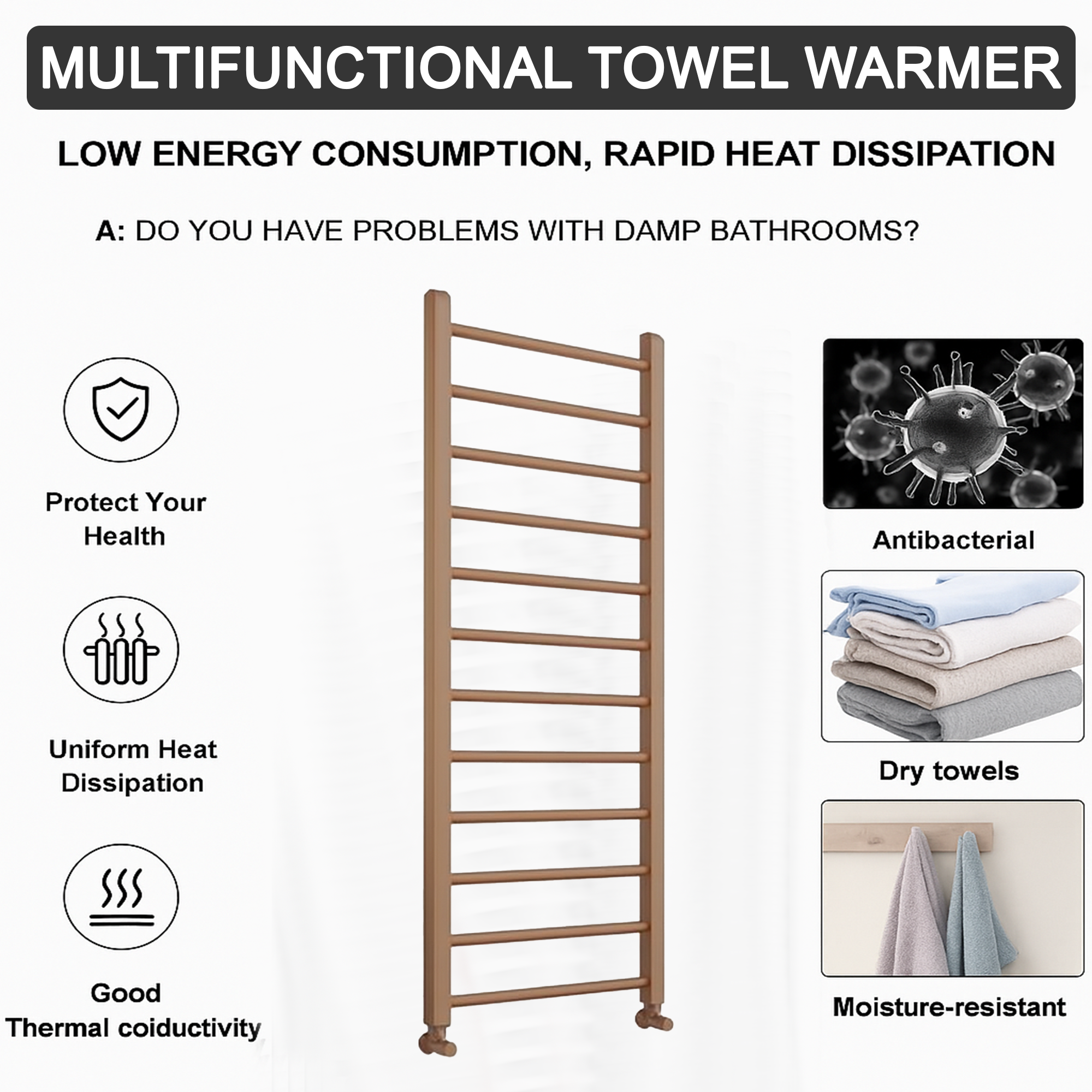 Arko Heated Towel Rail –Bronze– 500 x 1200mm – Straight Bars