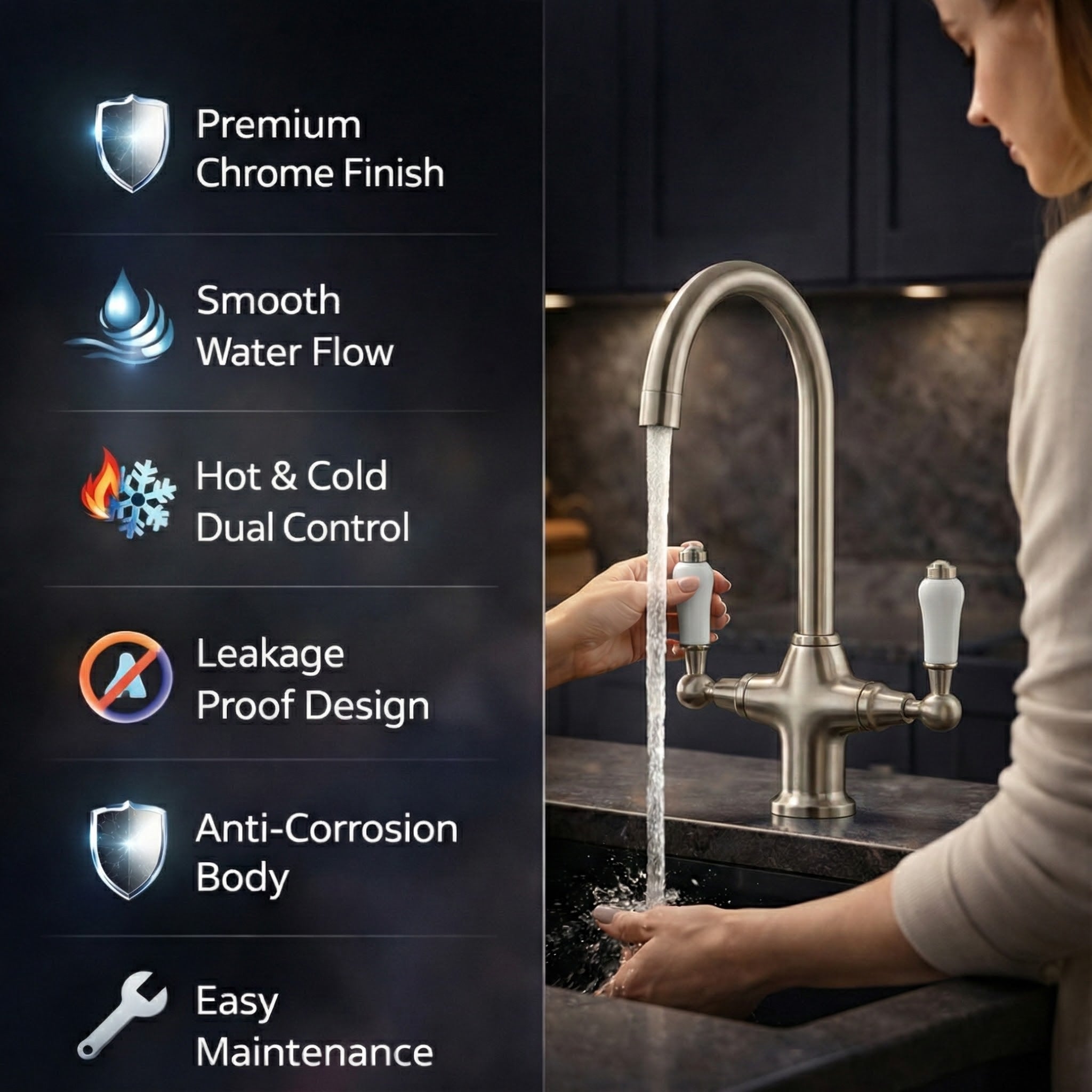 Arko Harrogate Twin Lever Kitchen Sink Mixer Tap Swivel Spout - Brushed Nickel