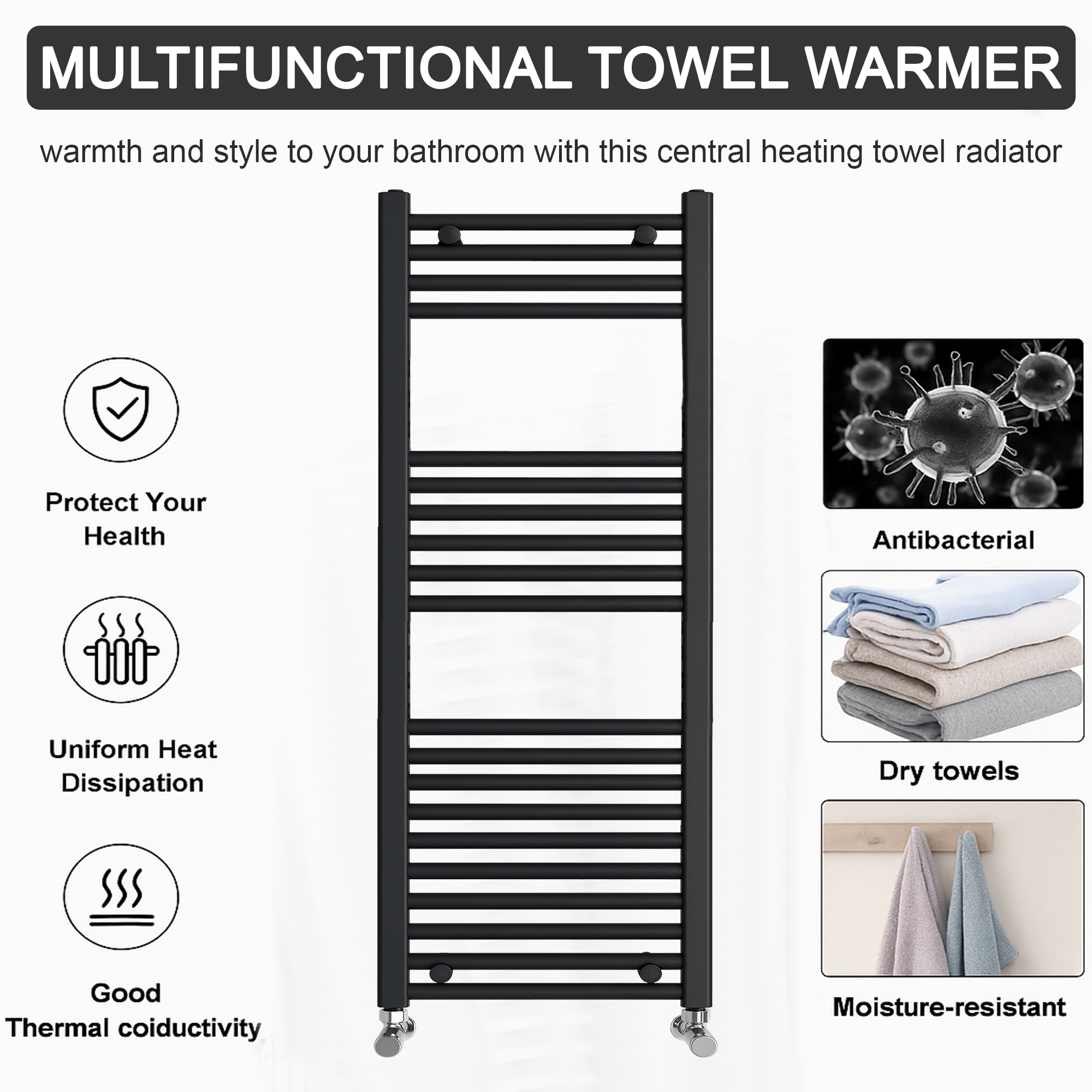 ARKO Black Heated Towel Rail 500x1200mm – Wall Mounted Ladder Radiator